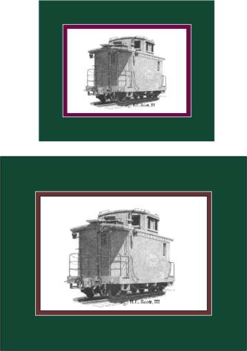 Durango and Silverton Narrow Gauge Railroad caboose art print matted in green and maroon