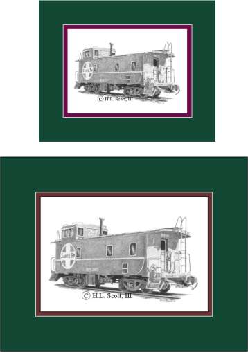 Santa Fe Railroad caboose art print matted in green