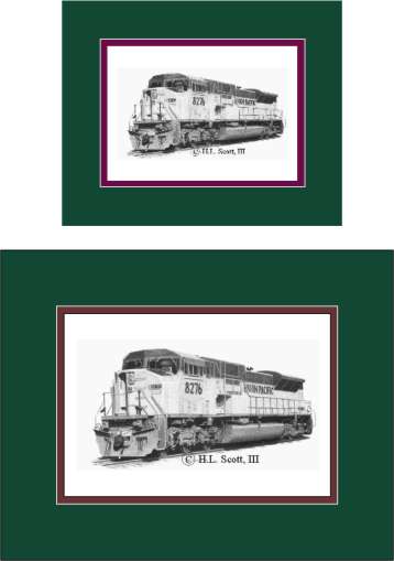 Union Pacific Railroad #8276 art print matted in green and maroon